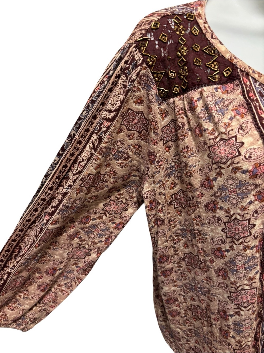 Lucky Brand Women’s Boho Peasant Top Burgundy Sz 2X Tassel Neckline Floral Print - Picture 3 of 5